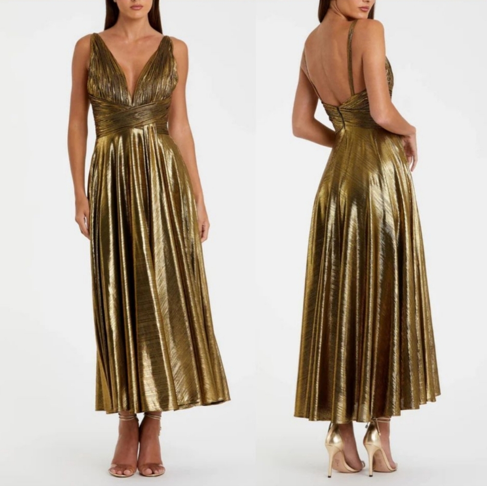 NWT IEENA MAC DUGGAL XL V-Neck Pleated Top MetallicDress Gold 30761 - Picture 5 of 11
